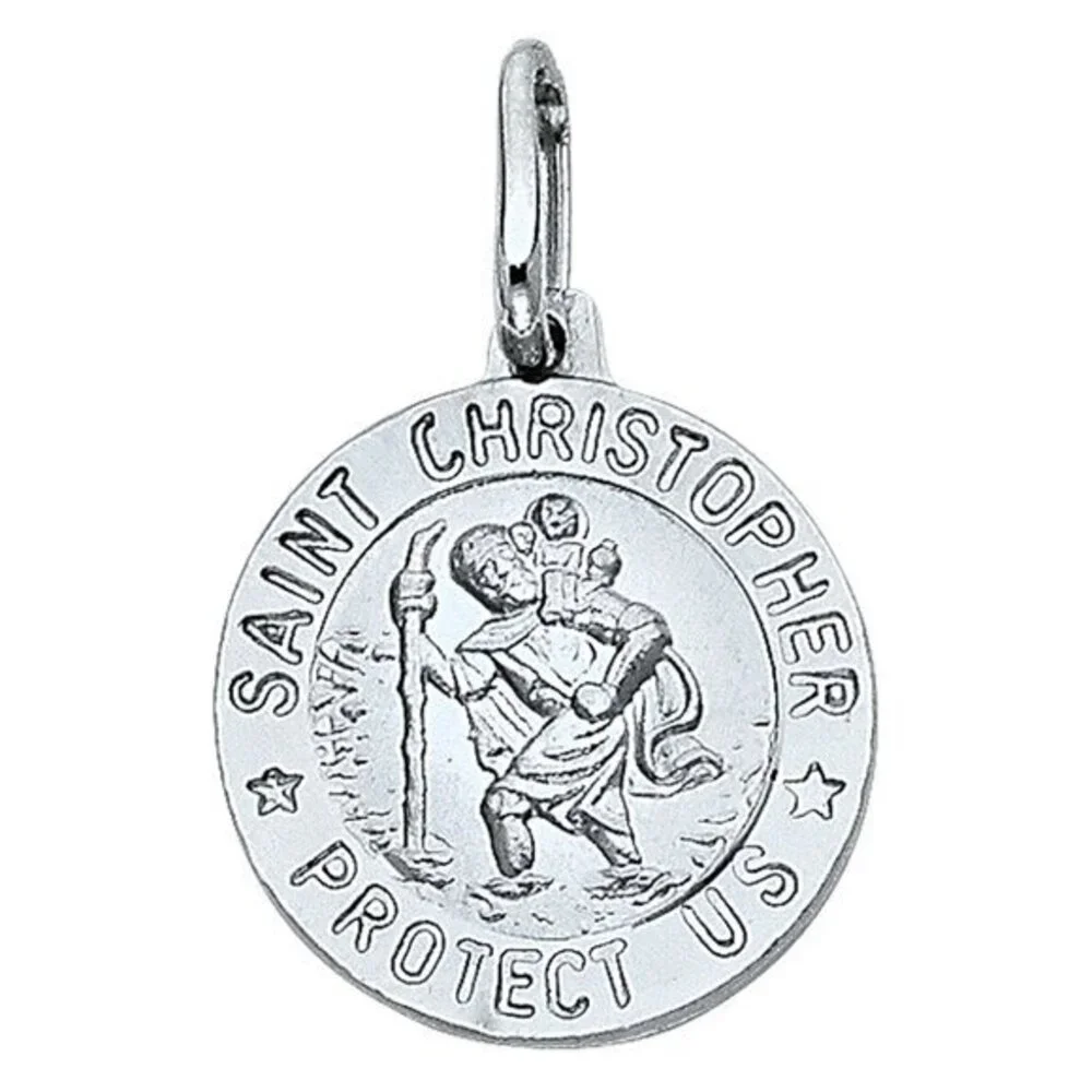 New 14K White Gold St. Christopher Round Medal Pendant Charm